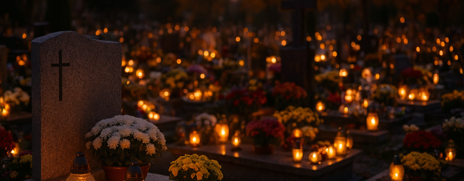 Cmentarz o zmierzchu w dniu Wszystkich Świętych, groby ozdobione kwiatami i zniczami w ciepłym świetle świec – symbol pamięci, refleksji i troski o bliskich