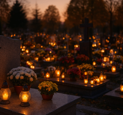 Cmentarz o zmierzchu w dniu Wszystkich Świętych, groby ozdobione kwiatami i zniczami w ciepłym świetle świec – symbol pamięci, refleksji i troski o bliskich