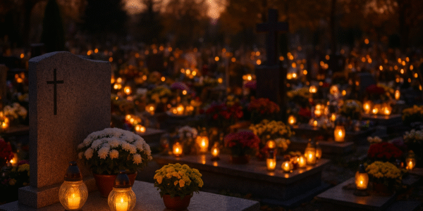 Cmentarz o zmierzchu w dniu Wszystkich Świętych, groby ozdobione kwiatami i zniczami w ciepłym świetle świec – symbol pamięci, refleksji i troski o bliskich