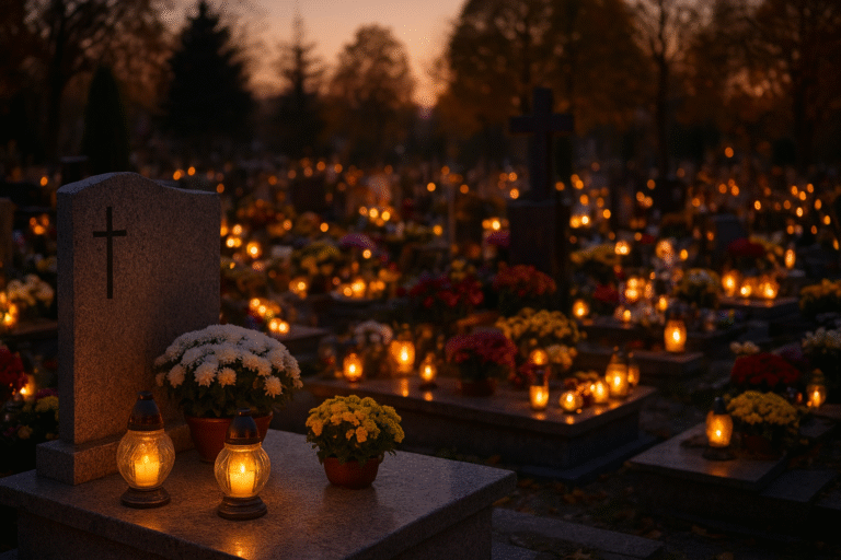 Cmentarz o zmierzchu w dniu Wszystkich Świętych, groby ozdobione kwiatami i zniczami w ciepłym świetle świec – symbol pamięci, refleksji i troski o bliskich