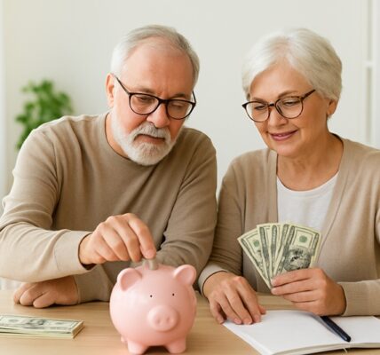 Starsze małżeństwo siedzące przy stole i wspólnie analizujące domowy budżet oraz plan oszczędzania na przyszłą emeryturę.