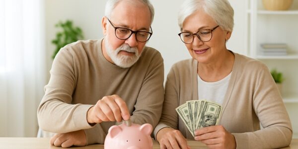 Starsze małżeństwo siedzące przy stole i wspólnie analizujące domowy budżet oraz plan oszczędzania na przyszłą emeryturę.