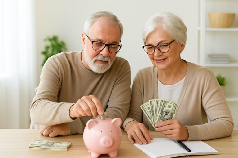 Starsze małżeństwo siedzące przy stole i wspólnie analizujące domowy budżet oraz plan oszczędzania na przyszłą emeryturę.