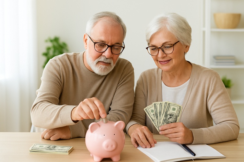 Starsze małżeństwo siedzące przy stole i wspólnie analizujące domowy budżet oraz plan oszczędzania na przyszłą emeryturę.