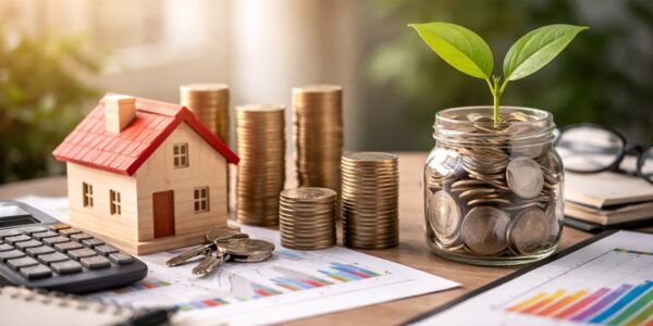 Nadpłata kredytu czy inwestowanie – porównanie finansowe domu, monet i rosnącego kapitału w realistycznej autorskiej grafice