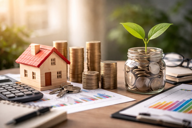 Nadpłata kredytu czy inwestowanie – porównanie finansowe domu, monet i rosnącego kapitału w realistycznej autorskiej grafice
