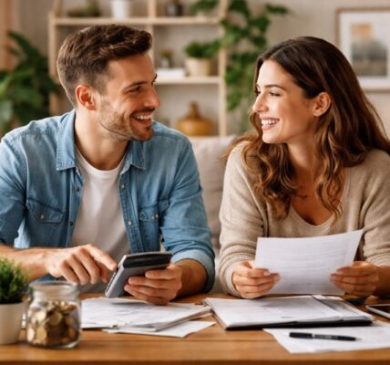 Młoda para siedząca przy stole w salonie analizuje domowe finanse, trzymając dokumenty i kalkulator, rozmawiając w spokojnej, partnerskiej atmosferze