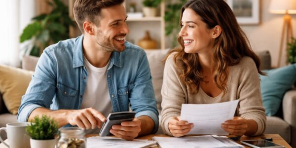 Młoda para siedząca przy stole w salonie analizuje domowe finanse, trzymając dokumenty i kalkulator, rozmawiając w spokojnej, partnerskiej atmosferze