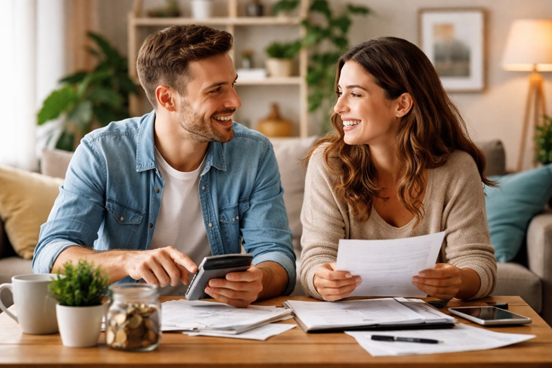 Młoda para siedząca przy stole w salonie analizuje domowe finanse, trzymając dokumenty i kalkulator, rozmawiając w spokojnej, partnerskiej atmosferze