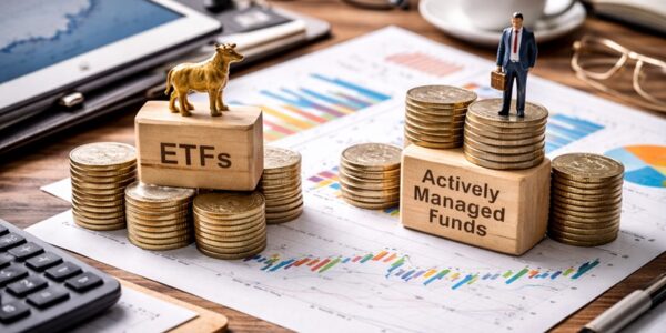 Długoterminowe planowanie finansowe, notatnik inwestora, wykresy giełdowe i kalkulator na biurku symbolizujące wybór między ETF a funduszem aktywnym