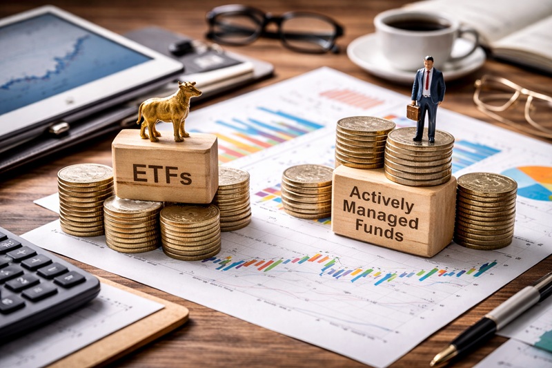 Długoterminowe planowanie finansowe, notatnik inwestora, wykresy giełdowe i kalkulator na biurku symbolizujące wybór między ETF a funduszem aktywnym