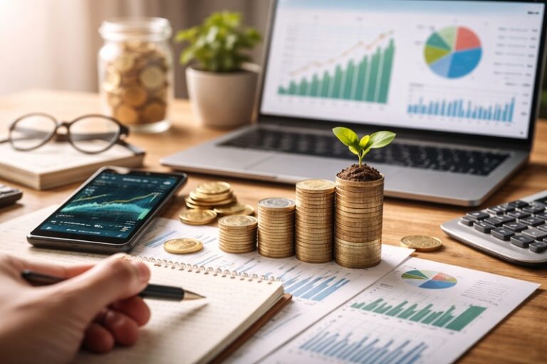 Nowoczesne biurko z laptopem, wykresami finansowymi i notatnikiem, symbolizujące inwestowanie od podstaw i analizę finansową w spokojnym, profesjonalnym otoczeniu