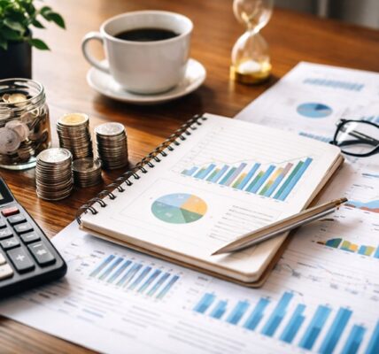plan inwestycyjny rok przedstawiony na biurku z wykresami finansowymi, notatnikiem, monetami i kalkulatorem