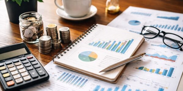 plan inwestycyjny rok przedstawiony na biurku z wykresami finansowymi, notatnikiem, monetami i kalkulatorem