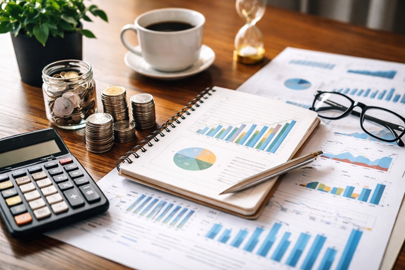 plan inwestycyjny rok przedstawiony na biurku z wykresami finansowymi, notatnikiem, monetami i kalkulatorem