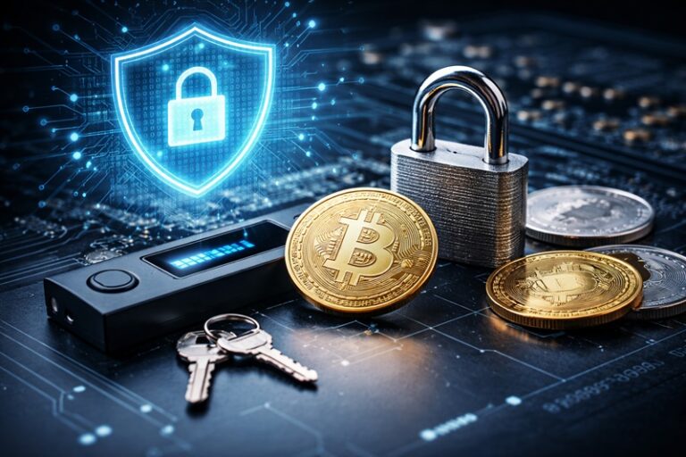 bezpieczeństwo kryptowalut portfel sprzętowy kłódka i monety kryptowalut na biurku