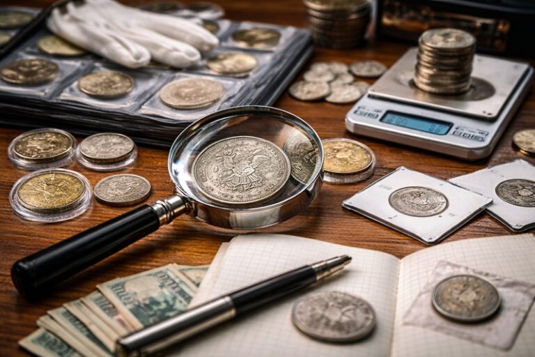 Numizmatyka dla początkujących – kolekcjonerskie monety oglądane przez lupę na drewnianym biurku