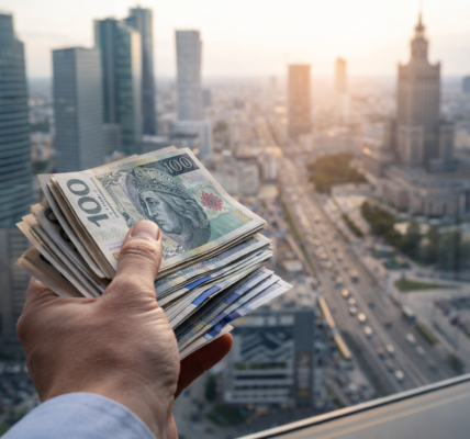 Dłoń trzymająca plik banknotów na tle miasta, symbolizująca zarobki na poziomie 10 tys. zł w Polsce