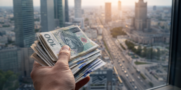 Dłoń trzymająca plik banknotów na tle miasta, symbolizująca zarobki na poziomie 10 tys. zł w Polsce