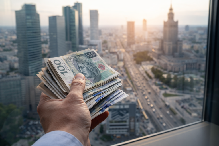 Dłoń trzymająca plik banknotów na tle miasta, symbolizująca zarobki na poziomie 10 tys. zł w Polsce