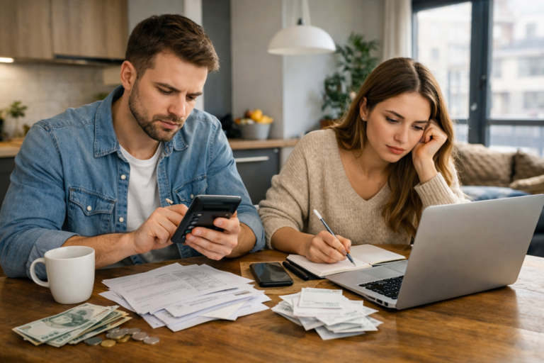 para licząca domowy budżet przy stole w mieszkaniu rachunki kalkulator laptop