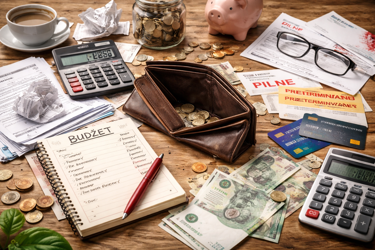 Osoba analizuje domowe finanse i rachunki przy stole z kalkulatorem