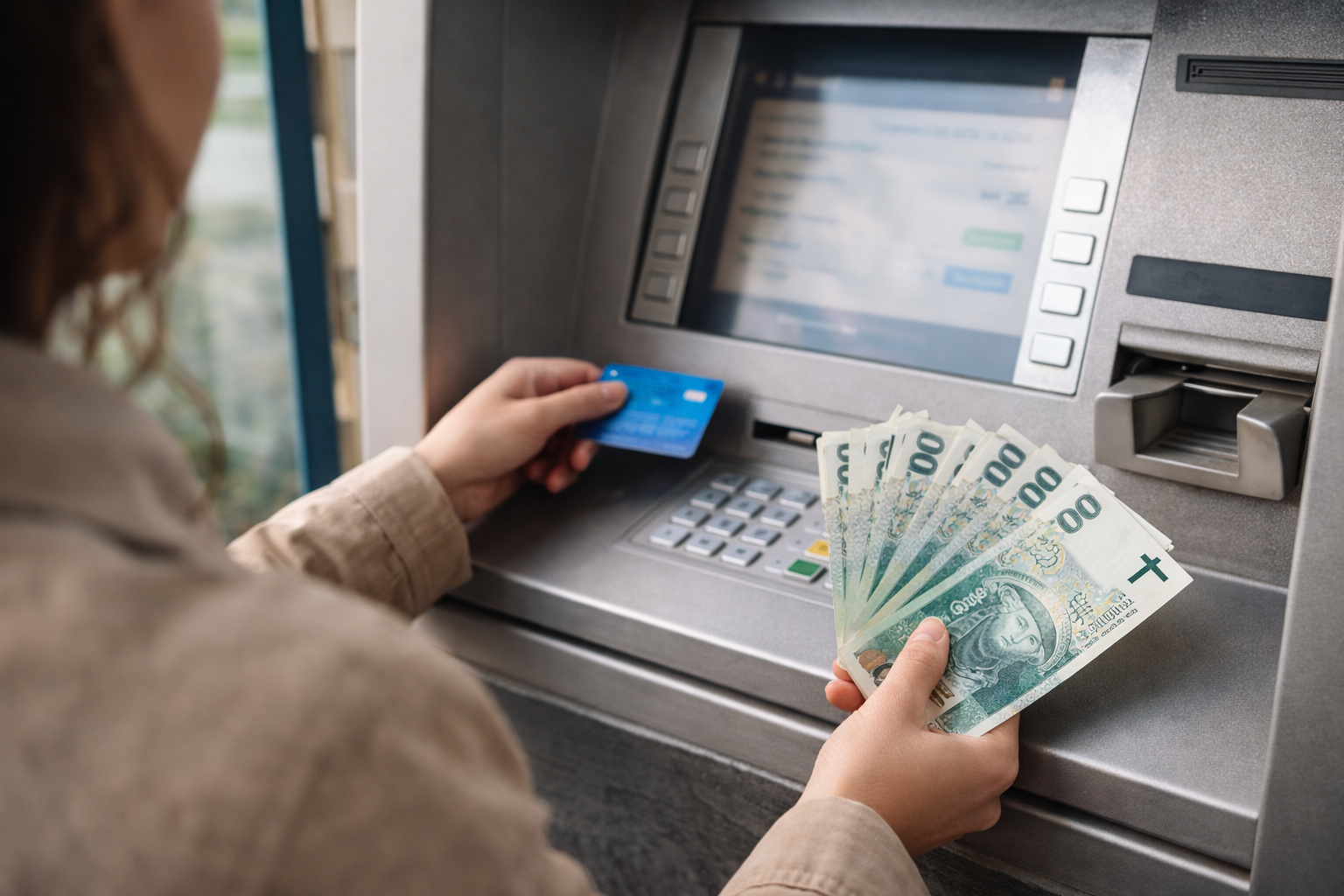 Osoba wypłaca gotówkę z bankomatu, trzymając kartę płatniczą i banknoty w dłoni