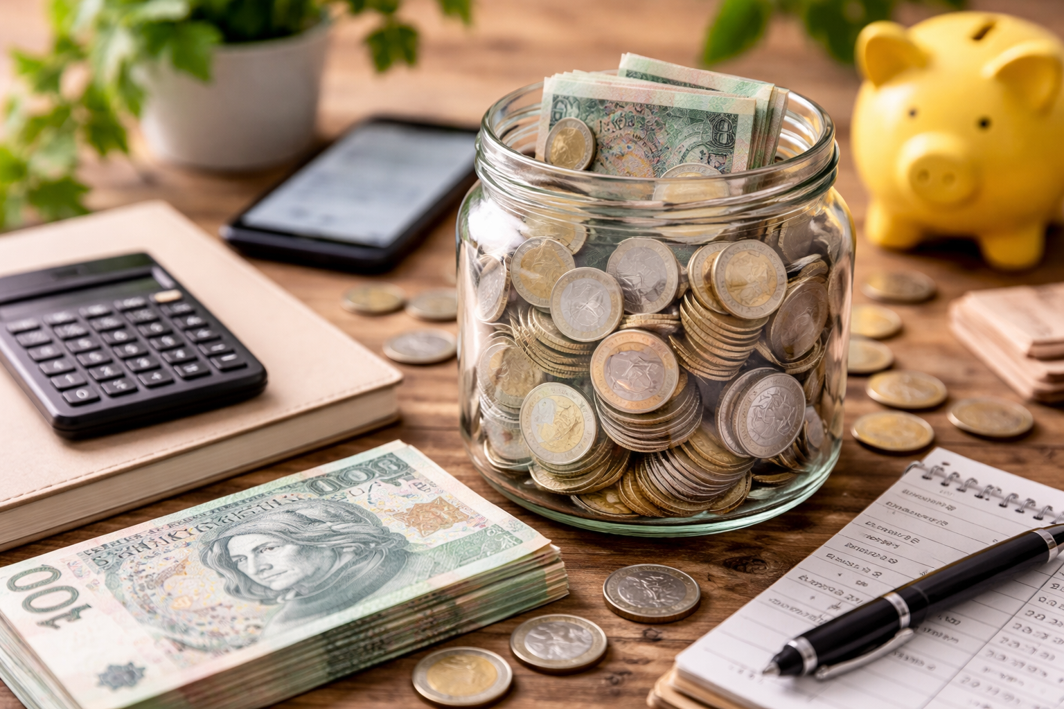 Słoik z oszczędnościami w złotówkach na biurku obok kalkulatora i notesu