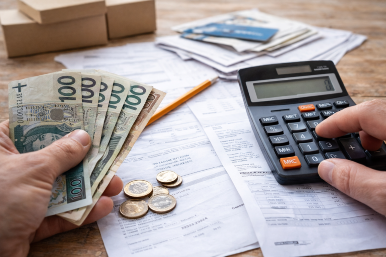 Osoba licząca miesięczne wydatki przy stole z rachunkami, kalkulatorem i banknotami