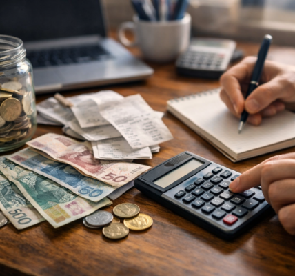 Portfel, rachunki i kalkulator na stole jako symbol kontroli wydatków i zarządzania domowym budżetem