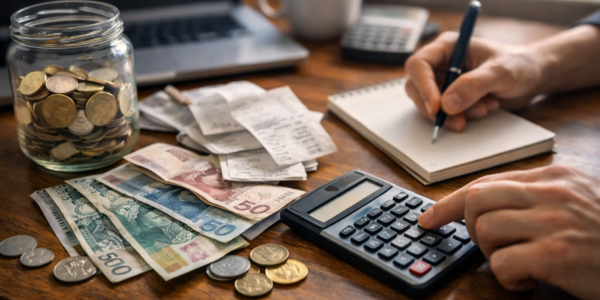 Portfel, rachunki i kalkulator na stole jako symbol kontroli wydatków i zarządzania domowym budżetem