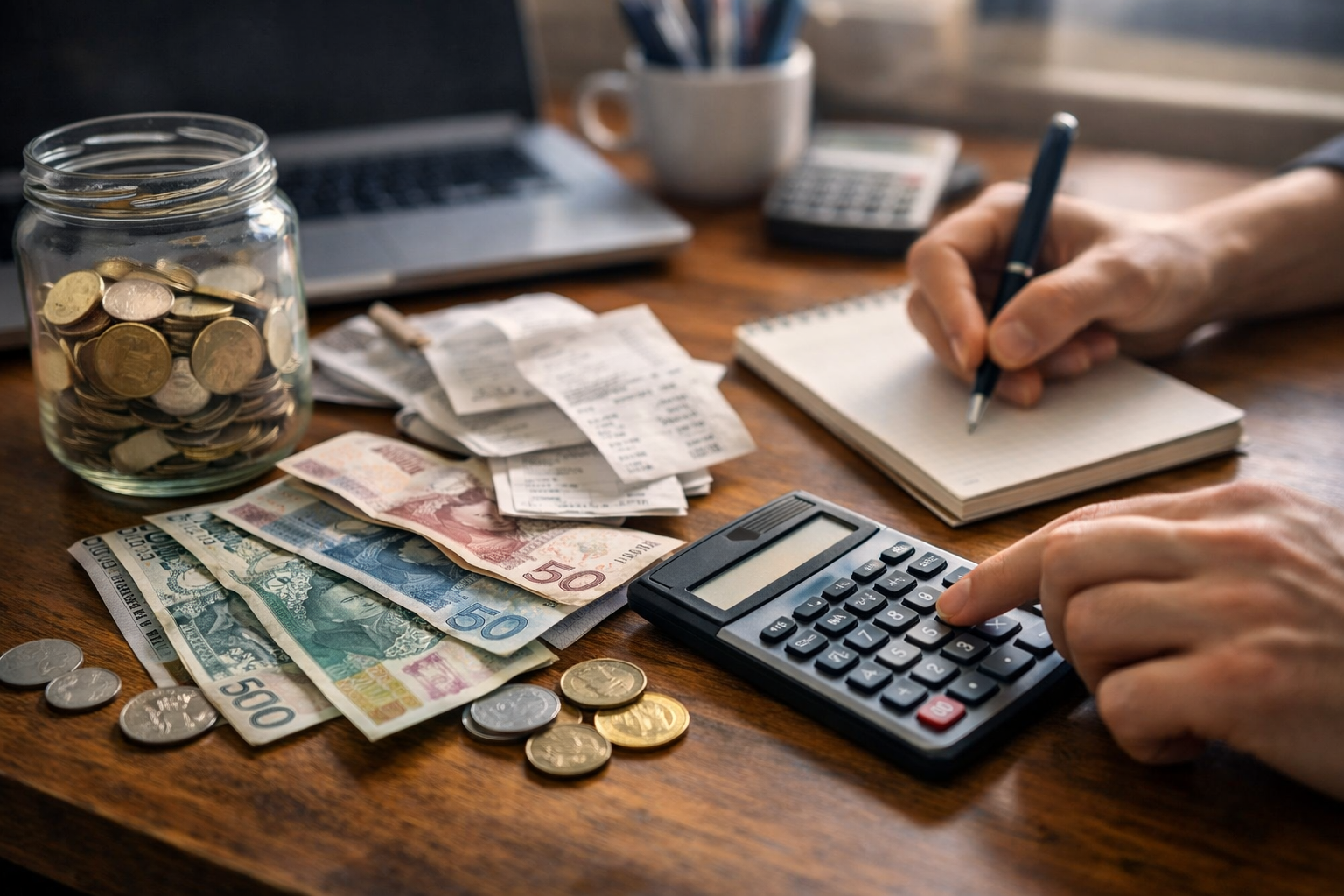 Portfel, rachunki i kalkulator na stole jako symbol kontroli wydatków i zarządzania domowym budżetem