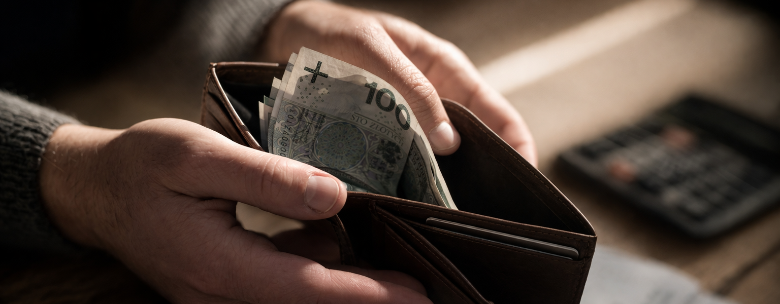Portfel z niewielką ilością pieniędzy i rachunkami na stole, symbolizujący realną wartość minimalnej krajowej na rękę w 2026 roku