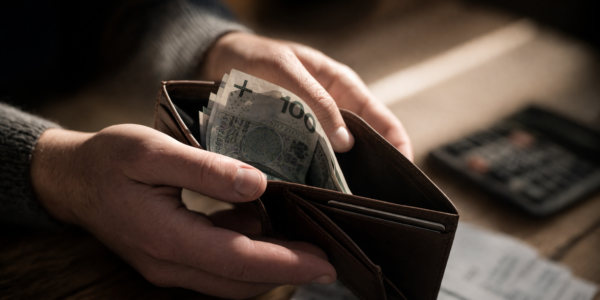 Portfel z niewielką ilością pieniędzy i rachunkami na stole, symbolizujący realną wartość minimalnej krajowej na rękę w 2026 roku