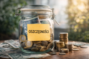 Słoik z pieniędzmi i monetami symbolizujący oszczędności finansowe