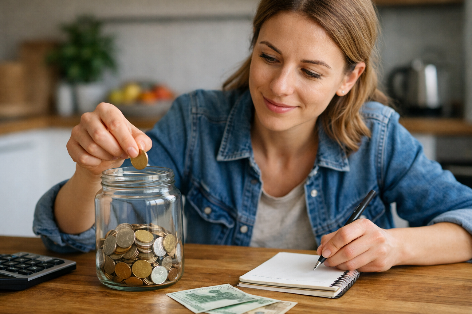 Kobieta odkładająca monetę do słoika z oszczędnościami przy stole w domu