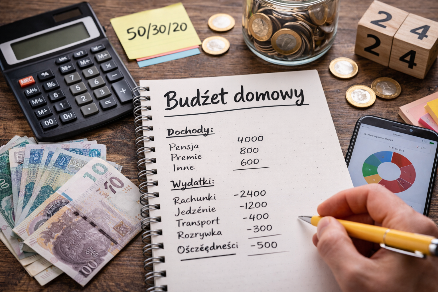 Planowanie budżetu domowego w notatniku z kalkulatorem i pieniędzmi na stole