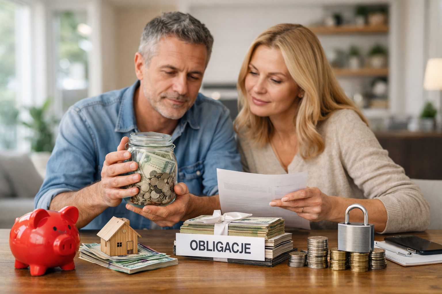 Para analizuje oszczędności przy stole z pieniędzmi i skarbonką