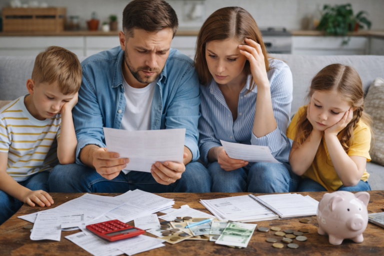 Czteroosobowa rodzina analizująca rachunki i wydatki przy stole w domu
