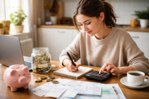 Młoda kobieta planująca budżet domowy przy stole z kalkulatorem, rachunkami i skarbonką