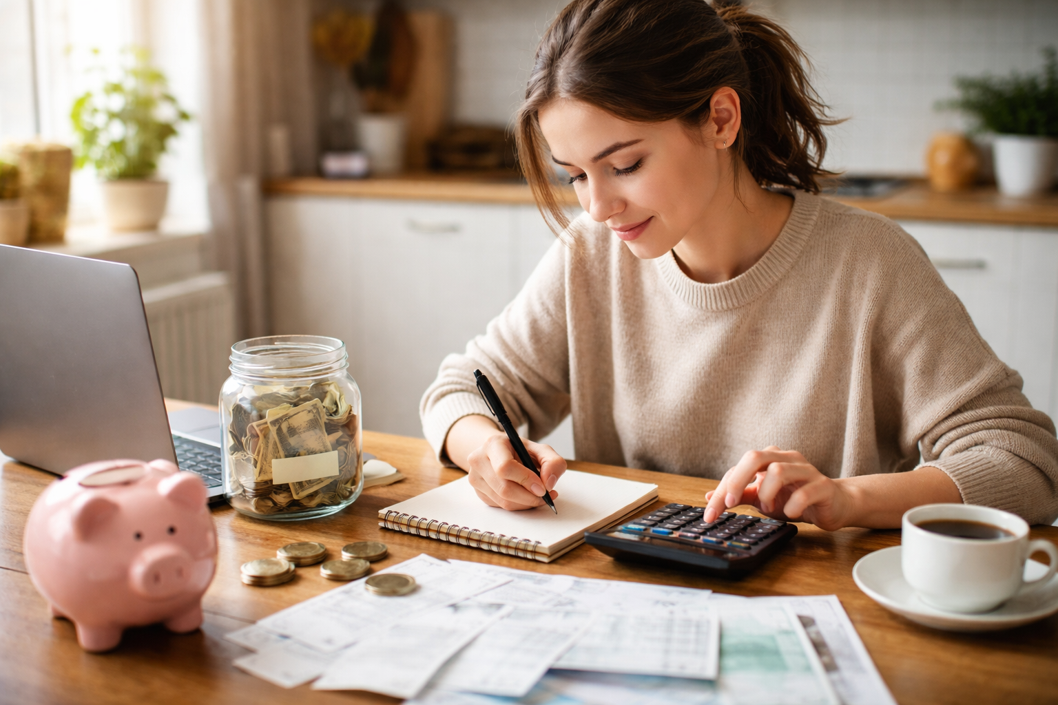 Młoda kobieta planująca budżet domowy przy stole z kalkulatorem, rachunkami i skarbonką