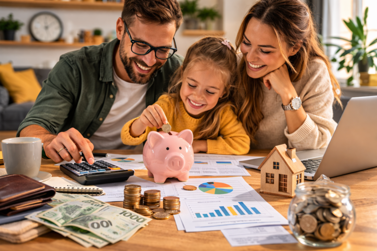 Rodzina analizująca domowy budżet przy stole, kalkulator, pieniądze i skarbonka w jasnym wnętrzu domu
