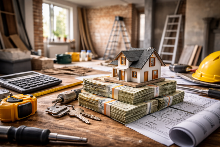 Remontowane mieszkanie z narzędziami i pieniędzmi symbolizujące koszty i ryzyko flipu nieruchomości