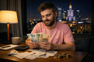 osoba licząca pieniądze i rachunki w mieszkaniu w Warszawie nocą