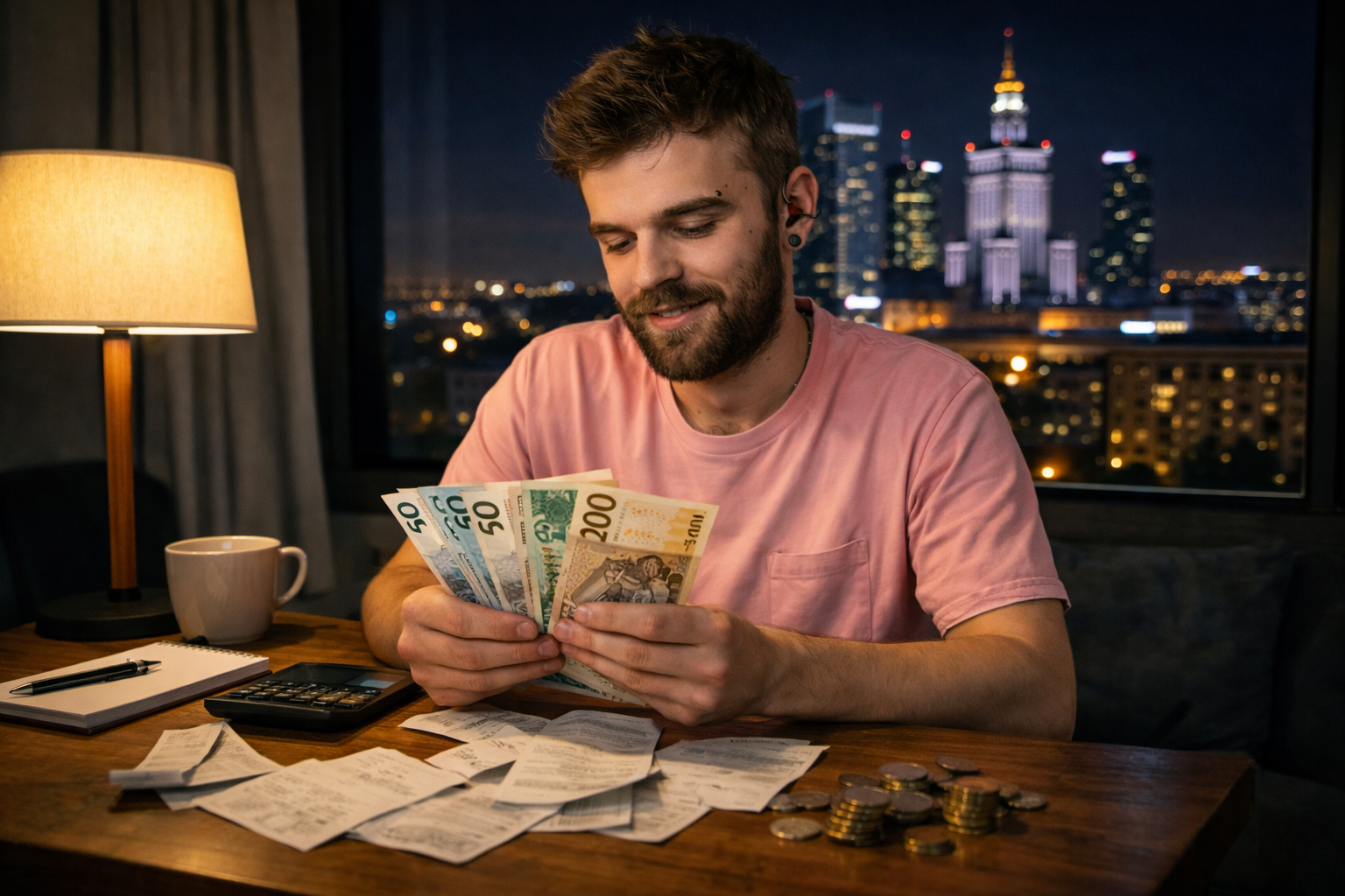 osoba licząca pieniądze i rachunki w mieszkaniu w Warszawie nocą