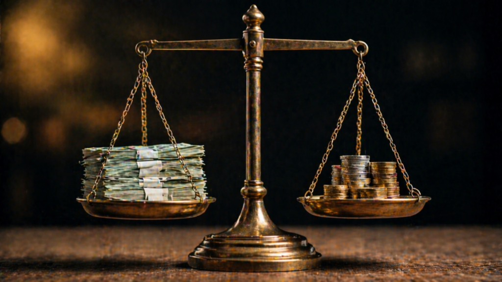 waga z banknotami i monetami symbolizująca wybór między kredytem a gotówką