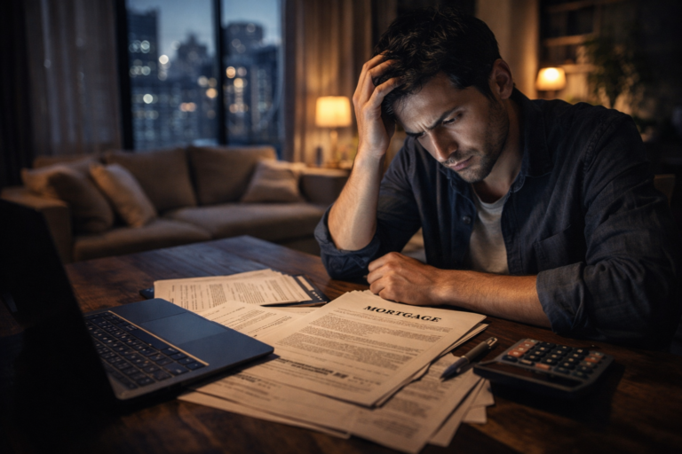 Mężczyzna analizujący dokumenty kredytu hipotecznego przy stole wieczorem, symbol trudnej decyzji finansowej