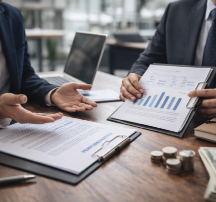 rozmowa o podwyżce przy stole w biurze z dokumentami i analizą wyników