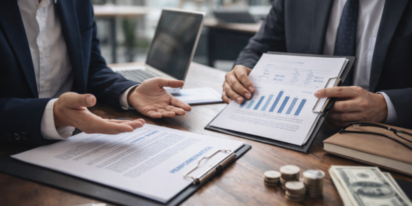 rozmowa o podwyżce przy stole w biurze z dokumentami i analizą wyników