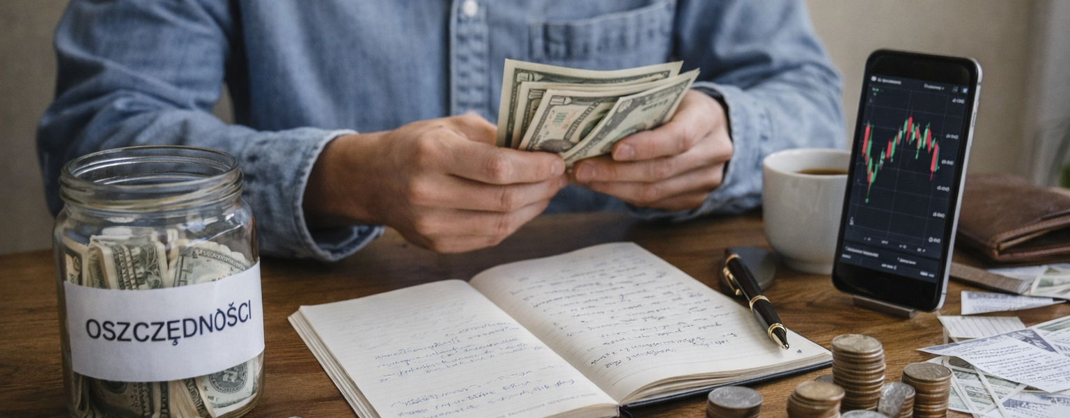 Planowanie finansów i oszczędzanie pieniędzy przy stole z notatkami i gotówką